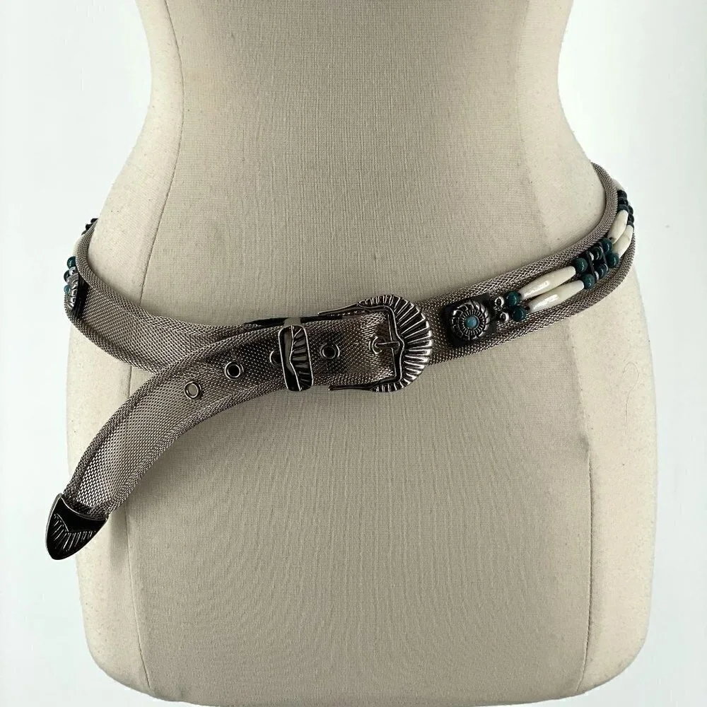 Southwestern Waist Hip Belt Silver Mesh Ivory Bead Faux Turquoise Concho Boho XL